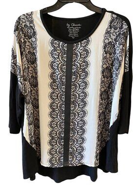 Chico’s B&W Dolman Sleeve Tunic Top Plus Size 3 (16/18) Boho Stretch Knit Top